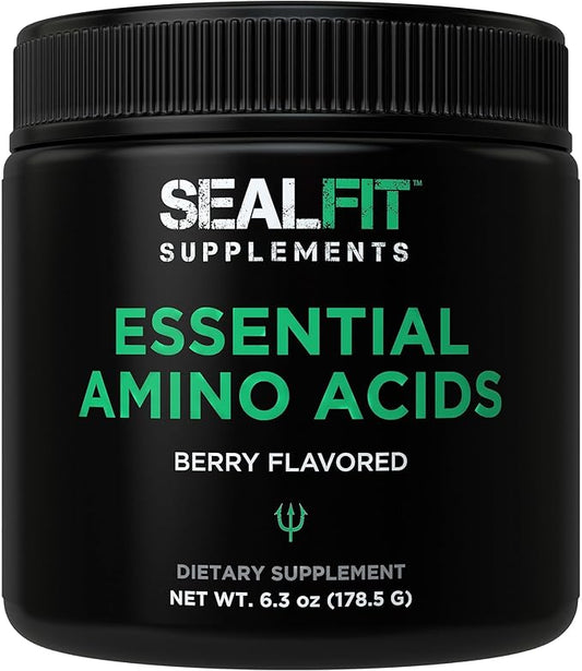 SEALFIT Essential Amino Acids Pre + During + Post Workout Powder. EAA + BCAA Aminos Supplement for Energy, Muscle Growth, and Recovery. EAAs and BCAAs Preworkout for Men & Women. Perfect Berry Flavor