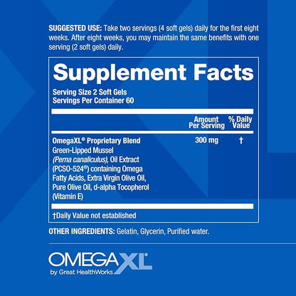 OmegaXL Joint Support Supplement - Natural Muscle Support, Green Lipped Mussel Oil, Soft Gel Pills, Drug-Free, 120 Count