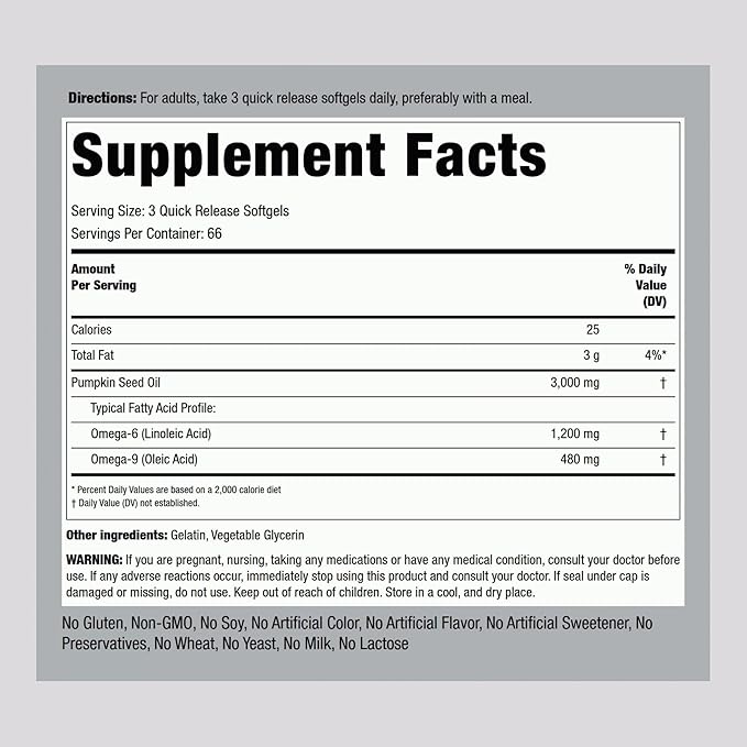 Piping Rock Pumpkin Seed Oil Softgel Capsules | 3000mg | 200 Count | Cold Pressed Herbal Supplement | Extra Virgin | Non-GMO, Gluten Free