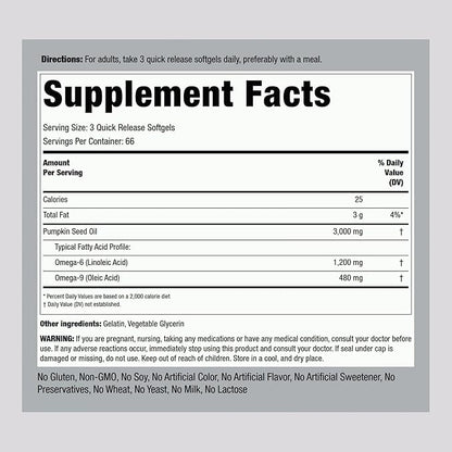 Piping Rock Pumpkin Seed Oil Softgel Capsules | 3000mg | 200 Count | Cold Pressed Herbal Supplement | Extra Virgin | Non-GMO, Gluten Free