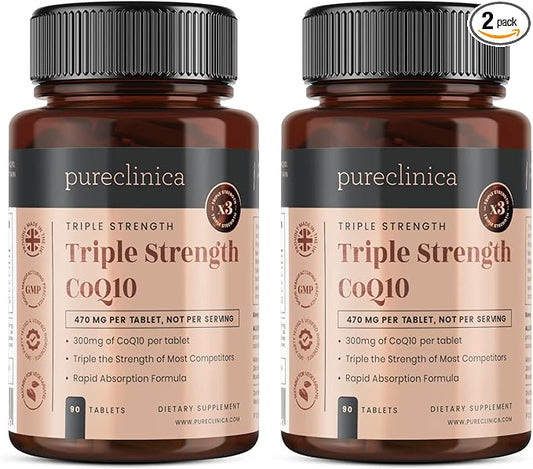 pureclinica Fermented CoQ10 300mg x 180 Tablets (2 Bottles of 90 Tablets) - 6 Months Supply. Non GMO, USP Grade. with Added Vitamin C & Black Pepper Extract for Absorption.