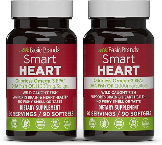 Smart Heart Odorless Omega-3 Fish Oil 1000mg - Triple Strength EPA & DHA, Non-GMO, Heart & Cognitive Support - 90 Burpless Softgels - 2-Pack