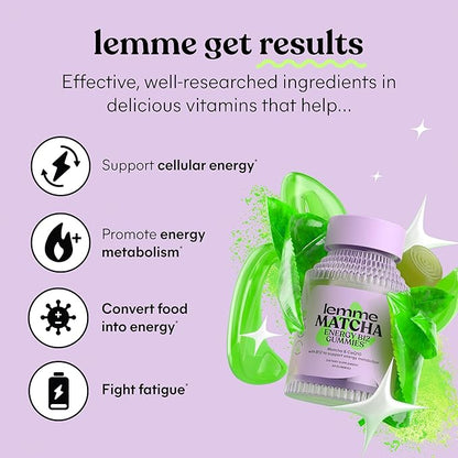 Lemme Matcha Superfood Energy Gummies with Organic Matcha Green Tea, Vitamin B12 and Antioxidant CoQ10 to Support Cellular Energy, Metabolism & Healthy Skin - Gluten Free, Non GMO (60 Count)