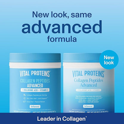 Vital Proteins Collagen Peptides Powder Advanced with Hyaluronic Acid & Vitamin C - 20oz Collagen Protein, Unflavored, 28 Servings