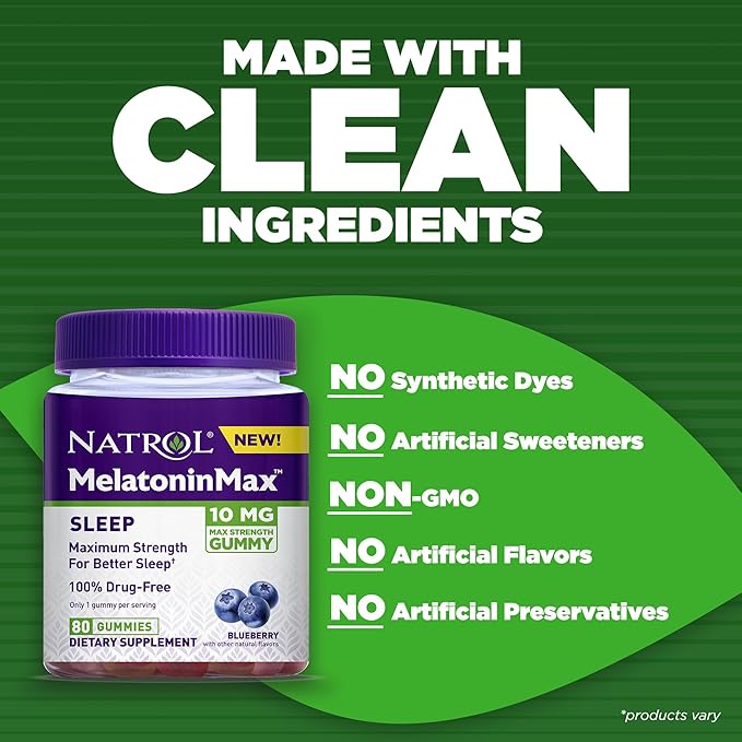 Natrol Melatonin Max Sleep Aid Gummy, 10mg per Gummy, Maximum Strength for Better Sleep, Drug Free & Gelatin Free, 80 Blueberry Flavored Gummies (Pack of 2)