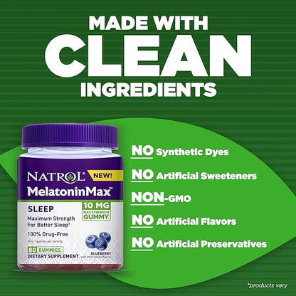 Natrol Melatonin Max Sleep Aid Gummy, 10mg per Gummy, Maximum Strength for Better Sleep, Drug Free & Gelatin Free, 80 Blueberry Flavored Gummies (Pack of 2)