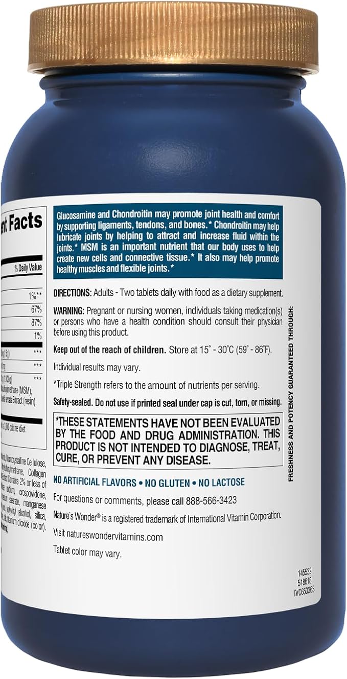 Nature's Wonder Triple Strength Glucosamine Chondroitin with MSM and Hyaluronic Acid and Boswellia for Joint Health, Supports Joint Flexibility and Mobility, 45 Day Supply, 90 Tablets
