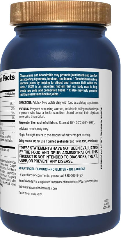 Nature's Wonder Triple Strength Glucosamine Chondroitin with MSM and Hyaluronic Acid and Boswellia for Joint Health, Supports Joint Flexibility and Mobility, 45 Day Supply, 90 Tablets