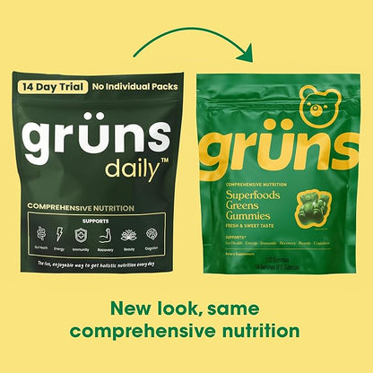 Gruns Adult Super Greens Gummies - Superfood Gummy Bears with Spirulina, Chlorella & Prebiotics for Digestive Health - Adaptogens Supplement with 20 Vitamins & Minerals, Low Sugar- 2-Week Supply