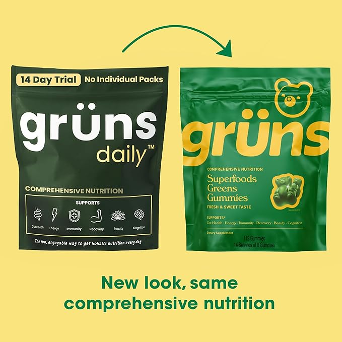 Gruns Adult Super Greens Gummies - Superfood Gummy Bears with Spirulina, Chlorella & Prebiotics for Digestive Health - Adaptogens Supplement with 20 Vitamins & Minerals, Low Sugar- 2-Week Supply