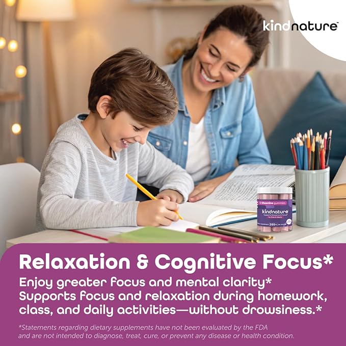 Kind Nature L-Theanine Gummies 200mg – Vegan Calm & Focus Supplement for Adults & Kids Ages 4+ – Mixed Berry Chewable, Low Sugar, Non-Drowsy*