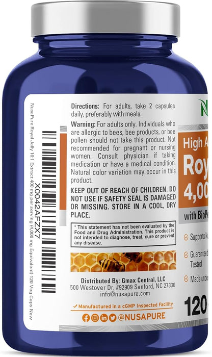 NusaPure Royal Jelly 10:1 Extract, 400 mg Equivalent to 4000mg - 120 Veggie Capsules (Non-GMO, Gluten Free, Bioperine)