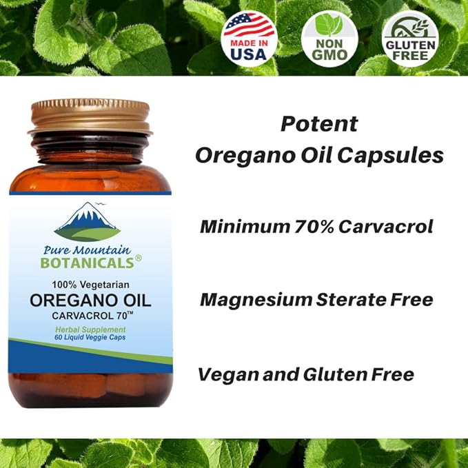 Pure Mountain Botanicals Wild Oregano Oil Capsules - 60 Kosher Vegan Caps Now with 510mg Mediterranean Oil of Oregano Supplement