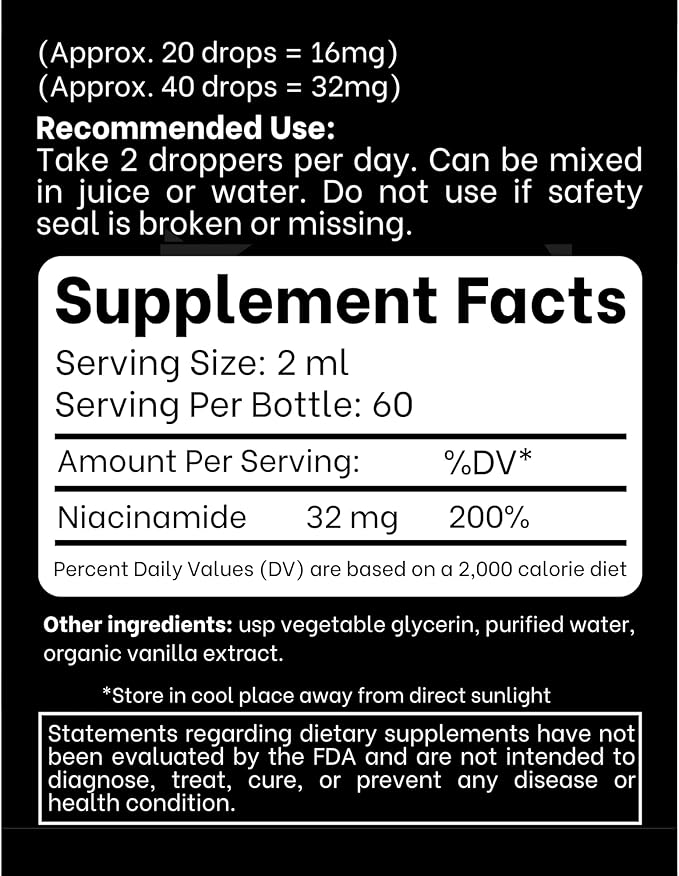 Liquid Vitamin B3 (as Niacinamide) Supplement - Non Flush Form of Niacin - Fast Absorption -Convenient Niacin Drops for Women and Men - 4 oz (120ml)