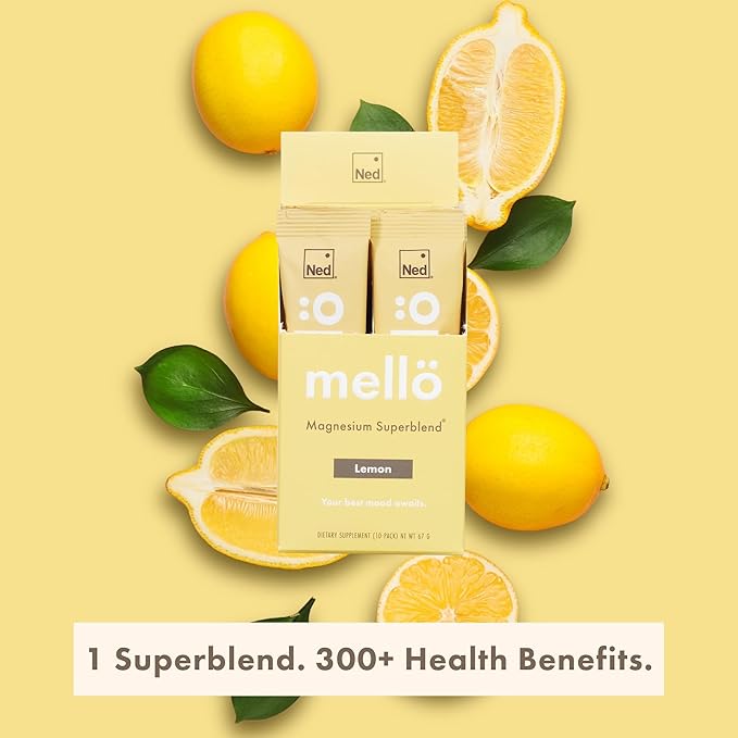 Mellö Magnesium Supplement Superblend Powder - Magnesium Glycinate with L-Theanine, GABA, and Trace Minerals - Supports Sleep, Relaxation, and Balanced Energy - Lemon Flavor, 10-Pack, Singles
