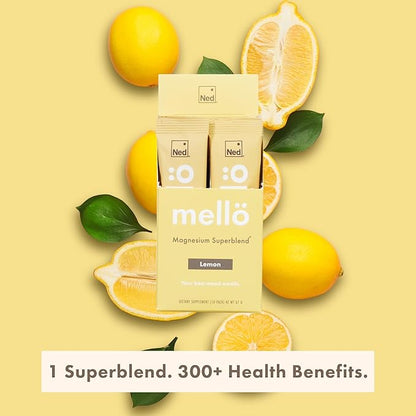 Mellö Magnesium Supplement Superblend Powder - Magnesium Glycinate with L-Theanine, GABA, and Trace Minerals - Supports Sleep, Relaxation, and Balanced Energy - Lemon Flavor, 10-Pack, Singles