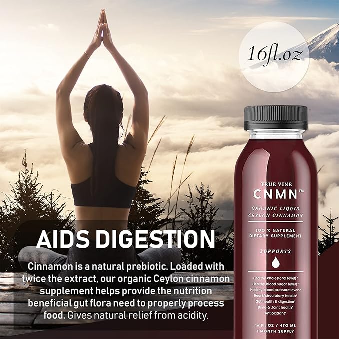 True Vine 3200mg Liquid Ceylon Cinnamon Supplement (Made in USA) for Healthy Heart, Blood Pressure, Sugar, Cholesterol, Gut & Joints — 100% Organic Ceylon Cinnamon to Fight Free Radicals (16 fl oz)