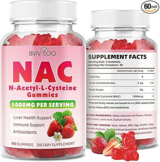 Sugar-Free 1000mg NAC Gummies, N-Acetyl Cysteine Supplement for Antioxidants & Immune Support, 60 Vegan Gummies