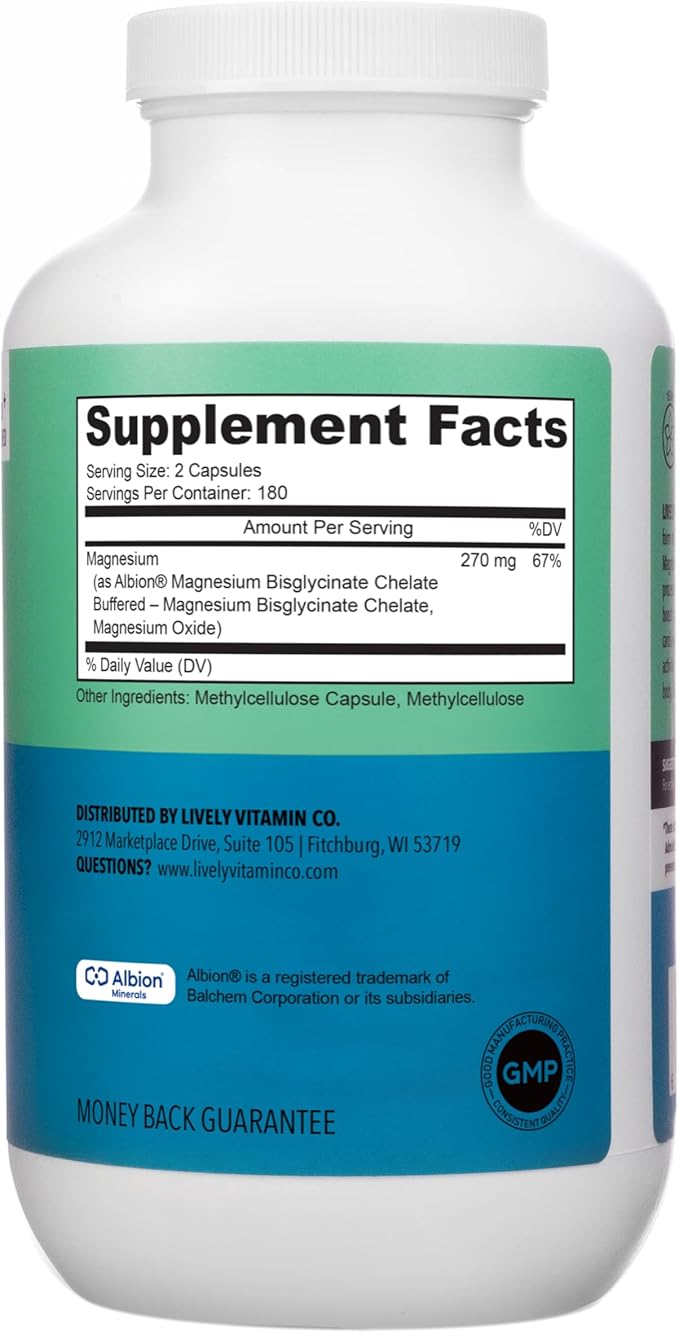 Lively Vitamin Co. Magnesium Ease - Chelated - Highly Bioavailable - Tension - Stress - Nerves - Immune Function - RLS - Gluten Dairy Soy Free - Non-GMO - 360 Vegan Capsules