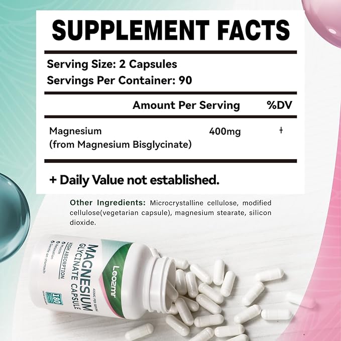 Magnesium Glycinate 400 MG per Serving 100% Chelated for High Absorption, Gentle On Stomach, Non-GMO, 180 Vegetarian Capsules