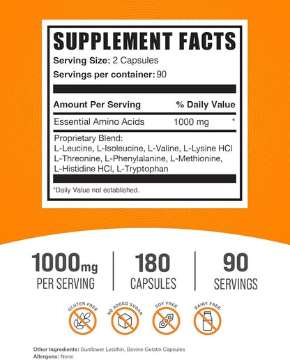 BulkSupplements.com Essential Amino Acids Capsules - EAAs Amino Acids Supplements - Gluten Free, 2 Capsules per Servings (1000mg), 180 Count (Pack of 1)
