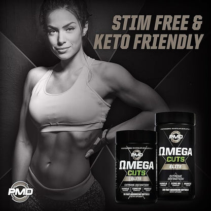PMD Sports Omega Cuts Elite Fat Loss-Muscle Defining Formula - Omega Fatty Acids, MCT's and CLA for Muscle Definition and Maintenance - Keto Friendly for Women and Men - Stimulant Free (90 Softgels)