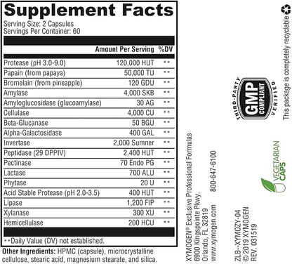 XYMOGEN XymoZyme - Vegan, Multi-Enzyme Digestive Supplement - Plant-Based Digestive Enzymes for Women & Men - Support Gut Health + Nutrient Absorption - Breakdown Lactose, Beans & More (120 Capsules)