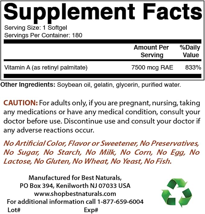 Best Naturals Vitamin A 25000 IU (7500 mcg), Non-GMO Formula Supports Healthy Vision & Immune System and Healthy Growth & Reproduction, 180 Softgels (180 Count (Pack of 1))
