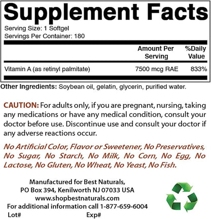 Best Naturals Vitamin A 25000 IU (7500 mcg), Non-GMO Formula Supports Healthy Vision & Immune System and Healthy Growth & Reproduction, 180 Softgels (180 Count (Pack of 1))
