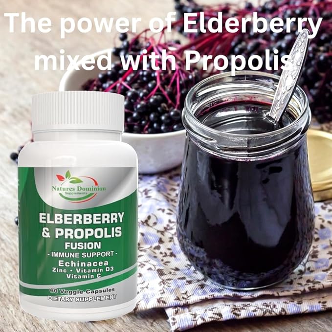 Propolis Extract Organic Elderberry with Echinacea, Vitamin D3, Vitamin C and Zinc. Elderberry Immune Support Supplement with Bee Propolis. Daily Immune Booster. Propolis and Elderberry Fusion