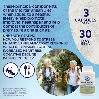 Healthy to 100, Sicilian Secret Mediterranean Diet, Superfood, Supports Healthy Lifestyle, (with Resveratrol, Rosemary, Grape Seed Extract, Bergamot Extract) Boost Immunity, 90 Capsules, 30 Servings