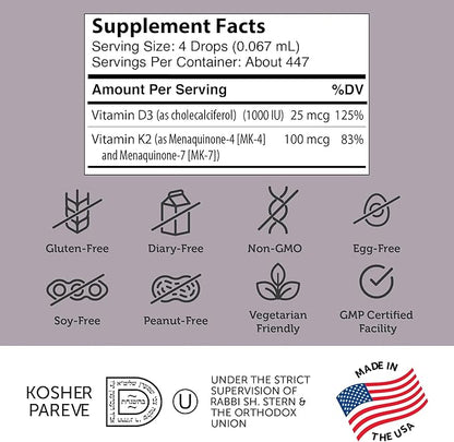 Zahler Vitamin D3 K2 Drops, Liquid D3 with K2, 1000IU of Vitamin D and 1000mcg of K2 per Serving, Supports Bone Density and Calcium Absoprtion, 1Fl Oz.