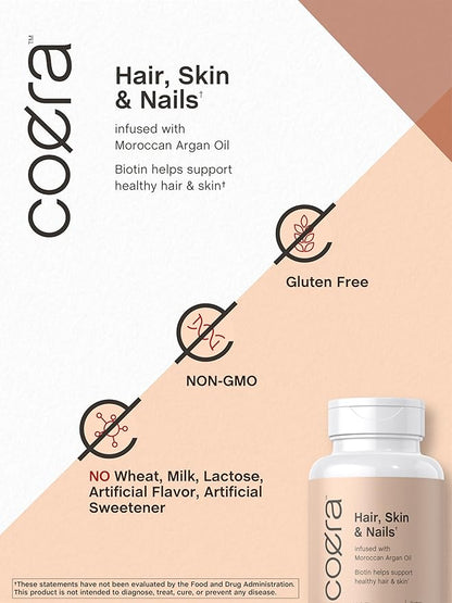 Coera Hair, Skin and Nails Vitamins | 165 Softgels | with Biotin, Collagen & Moroccan Argan Oil | Non-GMO & Gluten Free Supplement for Men and Women