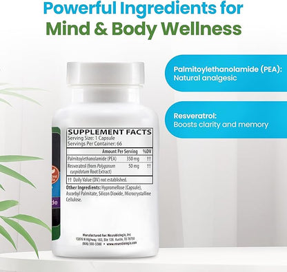 PEA Soothe Support Natural Relief Formula - PEA Supplement Featuring PEA & Resveratrol to Support Nerve Function & Reduce Sensitivity - Promotes Recovery, Mental Clarity, Energy & Everyday Balance