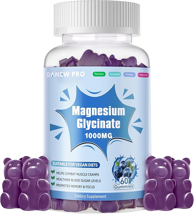 Magnesium Glycinate Gummies 1000mg - Sugar Free Magnesium Potassium Supplement with Vitamin D, B6, CoQ10 for Calm Mood & Sleep Support - 60 Blueberry Gummies
