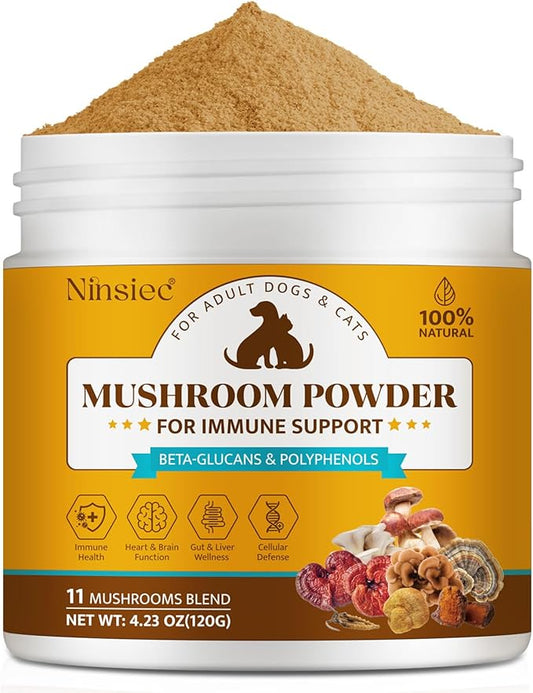 Organic Mushroom Supplement Powder for Dogs & Cats – 11 Mushroom Complex with Turkey Tail, Reishi & Cordyceps, Supports Lipoma, Lumps & Bumps Relief, Immune & Skin Health, 120g