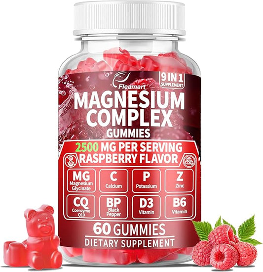 Magnesium Gummies 2000mg with Vitamin D3 & B6 Magnesium Complex Gummies Supplement for Brain & Sleep and Memory & Attention Made in USA 60 Counts Raspberry Flavor