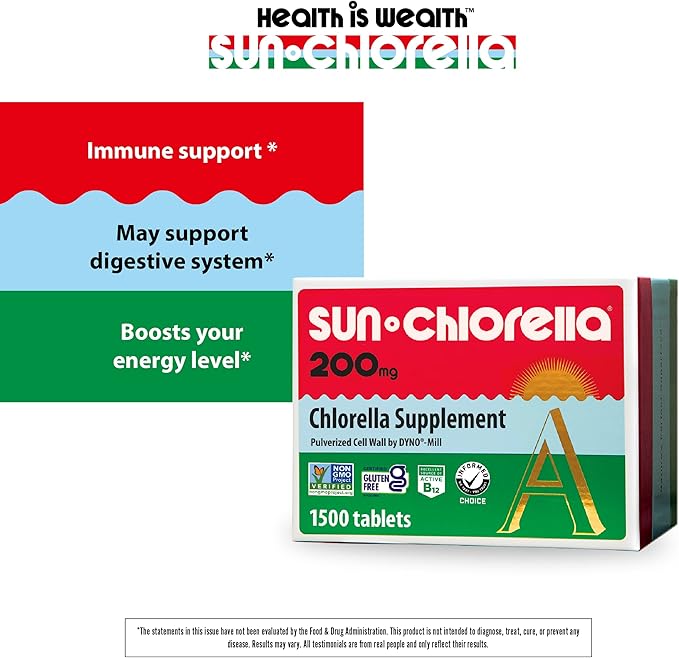 Sun Chlorella 200 mg Green Algae Superfood Supplement - Pulverized Cell Wall - Chlorophyll, CGF, Active B12, Iron, Protein - Non-GMO - 1500 Tablets