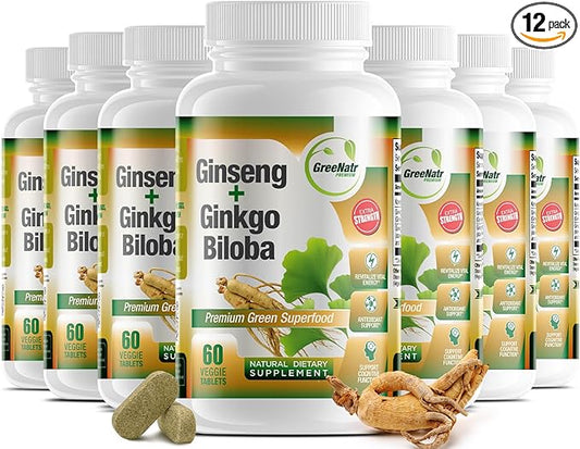 Ginko Biloba & Panax Ginseng Supplement - Red Ginseng Brain Supplement for Memory and Focus - Ginkgo Biloba Supplements for Good Vision, Immune System and Improved Blood Flow - 12 Bottles