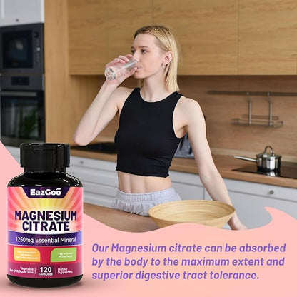 Magnesium Citrate Capsules 1250mg, High Absorption Magnesium Citrate Supplement with Elemental Magnesium, Extra Strength Magnesium Supplement, Non-GMO, Gluten-Free, 120 Vegetable Capsules