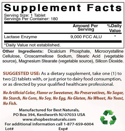 Best Naturals Lactose Intolerance Relief Tablets with Natural Lactase Enzyme, Fast Acting High Potency Lactase, 9000 FCC ALU, 180 Count