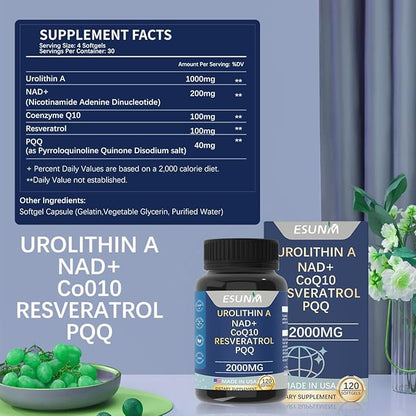 Urolithin A Supplement 1,000mg with NAD+,CoQ10,Resveratrol,PQQ Supplement for Healthy Aging, Antioxidants and Mitochondrial Support,120 Capsules - 30 Servings