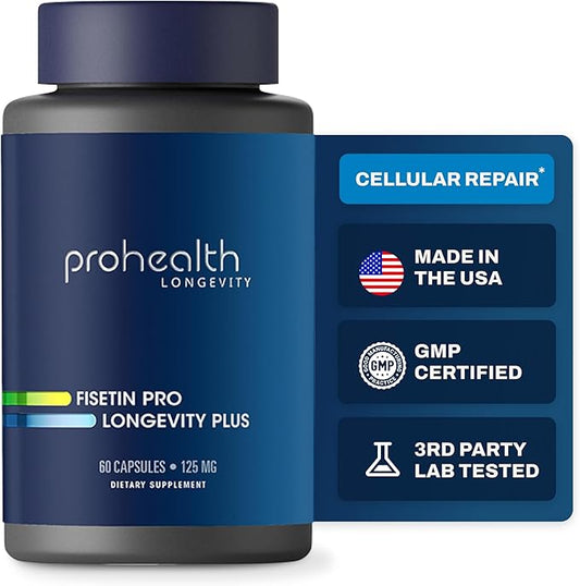 ProHealth Fisetin Supplements-15X Better Absorption from Polyphenol Blend + MCT Oil. 3rd Party Tested Pure. USA Manufactured. Powerful Antioxidant + Senolytic. Fisetin Supplement 125mg X 60 Servings