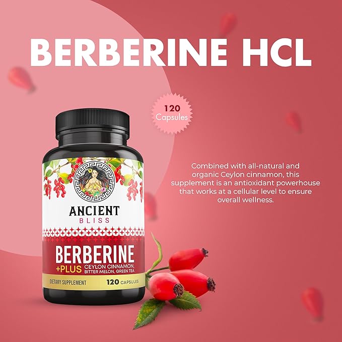 Ancient Bliss Berberine HCL 1200mg with Ceylon Cinnamon, Bitter Melon, and Green Tea Extract - 120 Capsules