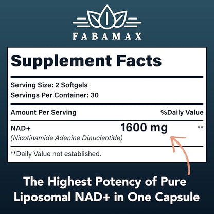 1600 mg Liposomal NAD Supplement, 98% Pure NAD+ Supplement, Superior Absorption, Alternative to Nicotinamide Riboside or NADH to Boost NAD+ for Aging Defense, Energy, Longevity, 180 Softgels