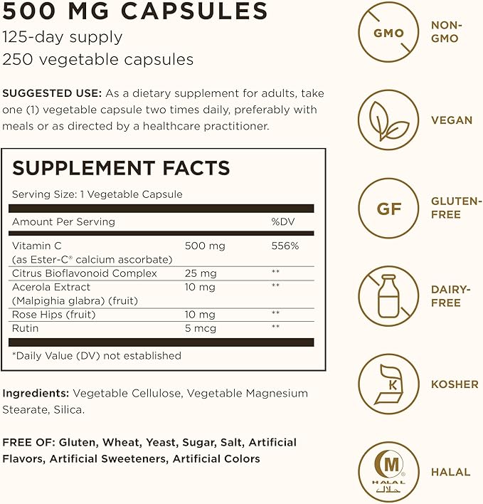 Solgar Ester-C Plus Vitamin C (Ascorbate Complex) - Gentle & Non Acidic - Antioxidant & Immune Support - Non GMO, Vegan, Gluten Free, Kosher - Berry, Standard Packaging, 250 Count
