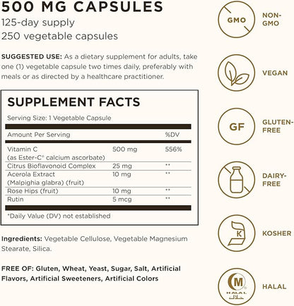 Solgar Ester-C Plus Vitamin C (Ascorbate Complex) - Gentle & Non Acidic - Antioxidant & Immune Support - Non GMO, Vegan, Gluten Free, Kosher - Berry, Standard Packaging, 250 Count