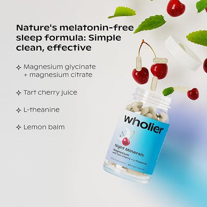 wholier Magnesium Glycinate, L-Theanine, Tart Cherry Juice. Natural Support for Sleep, Stress + Relaxation. Melatonin-Free. Night Minerals. (90 Vegan Capsules) Glass Bottle