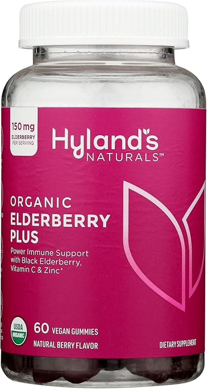 Hyland's Organic Elderberry Plus Gummies, Organic Black Elderberry with ZINC and Vitamin C, Immune Support Supplement for Adults, 60 Vegan Gummies (30 Days)