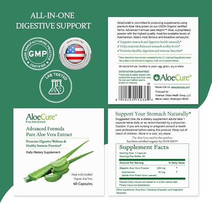 AloeCure Organic Aloe Vera Capsules, 130,000mg Inner Aloe Leaf Equivelant per Serving, Support Gut, Digestive, & Immune Health, Helps Maintain Balanced Stomach Acidity, Aloin Free, 60 Capsules